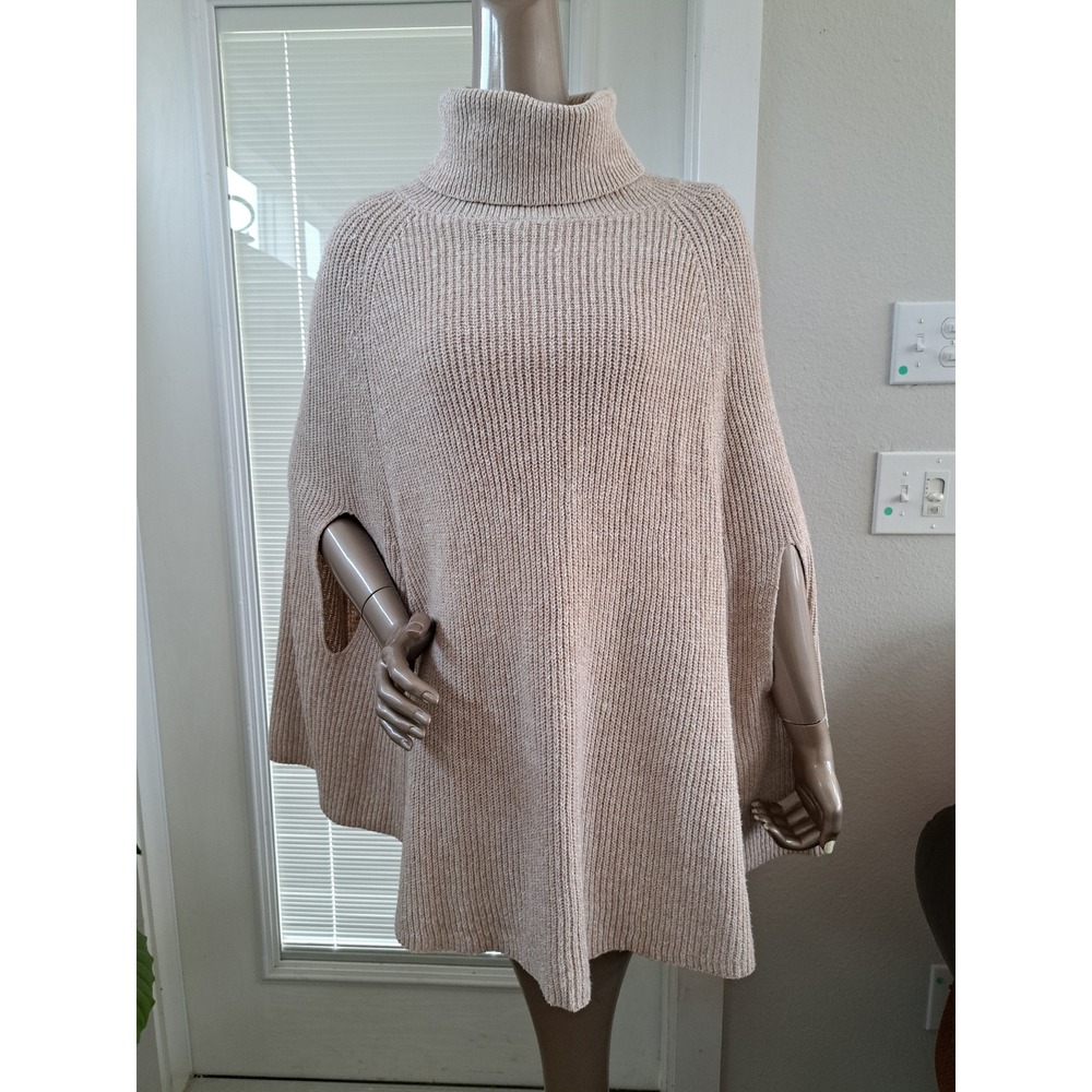 Kirundo Womens Beige Ribbed Turtleneck Poncho Sweater Cape XL